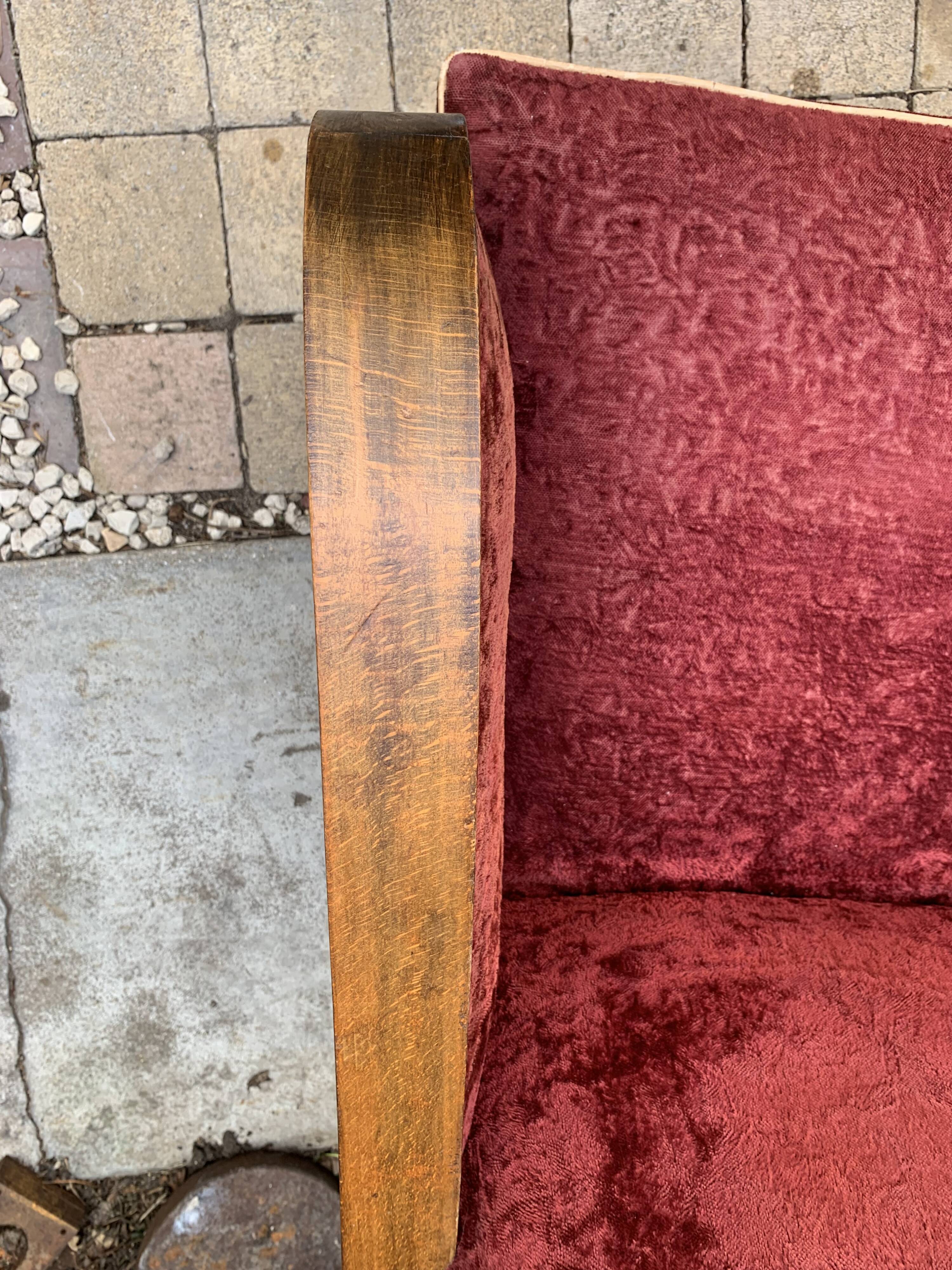 Pair of Art Deco club armchairs in burgundy red velvet, 1930s