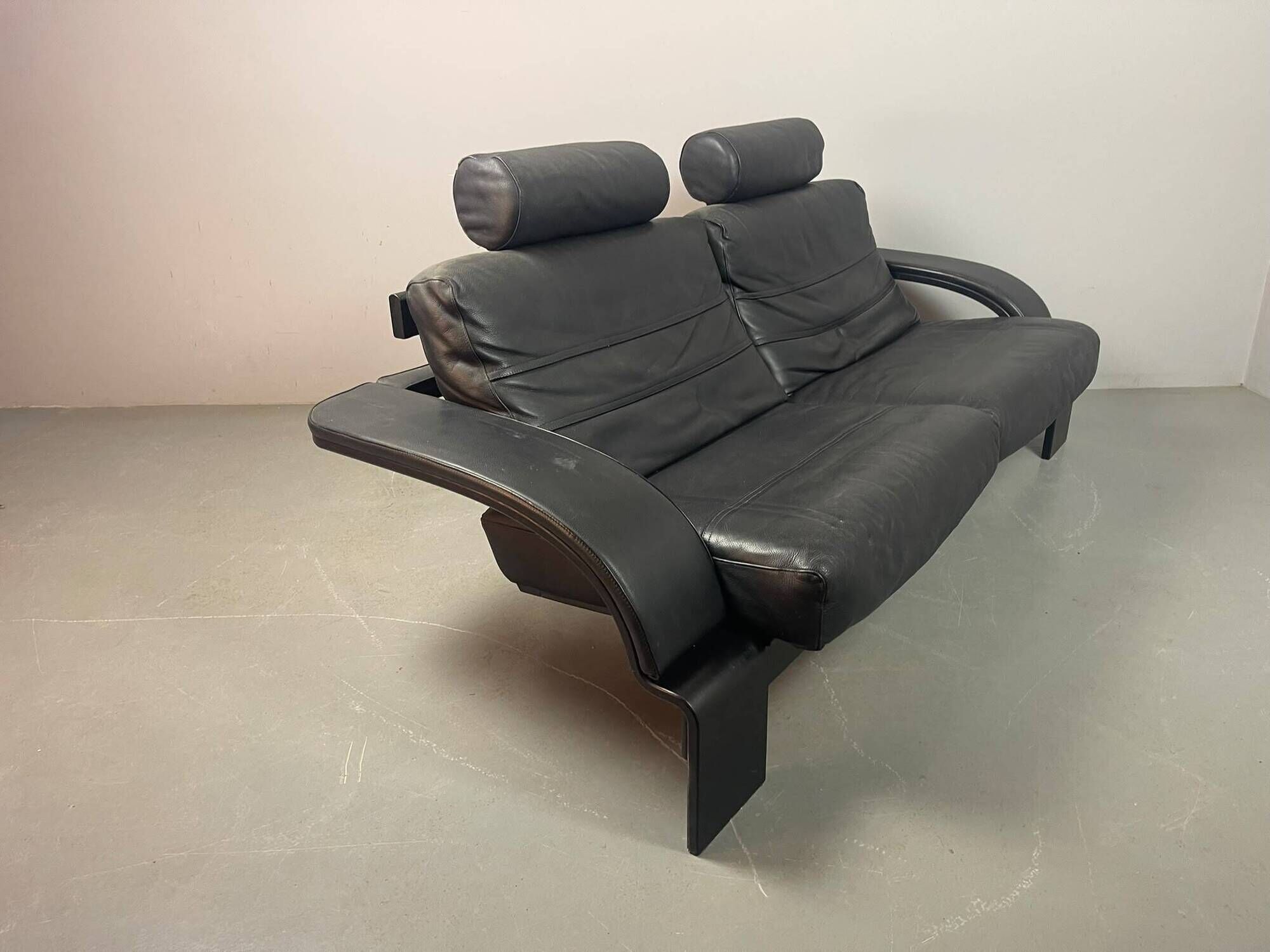 Black Leather Ake Fribytter “Kroken” Two-Seater Sofa for Nelo Möbel. Sweden