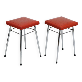 Paire de Tabourets Vintage Rétro Brabantia Skai Rouge Chrome Sixties