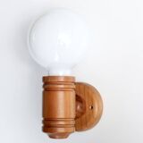 Wall lamp in pine wood and opaque white glass globe, 1970s