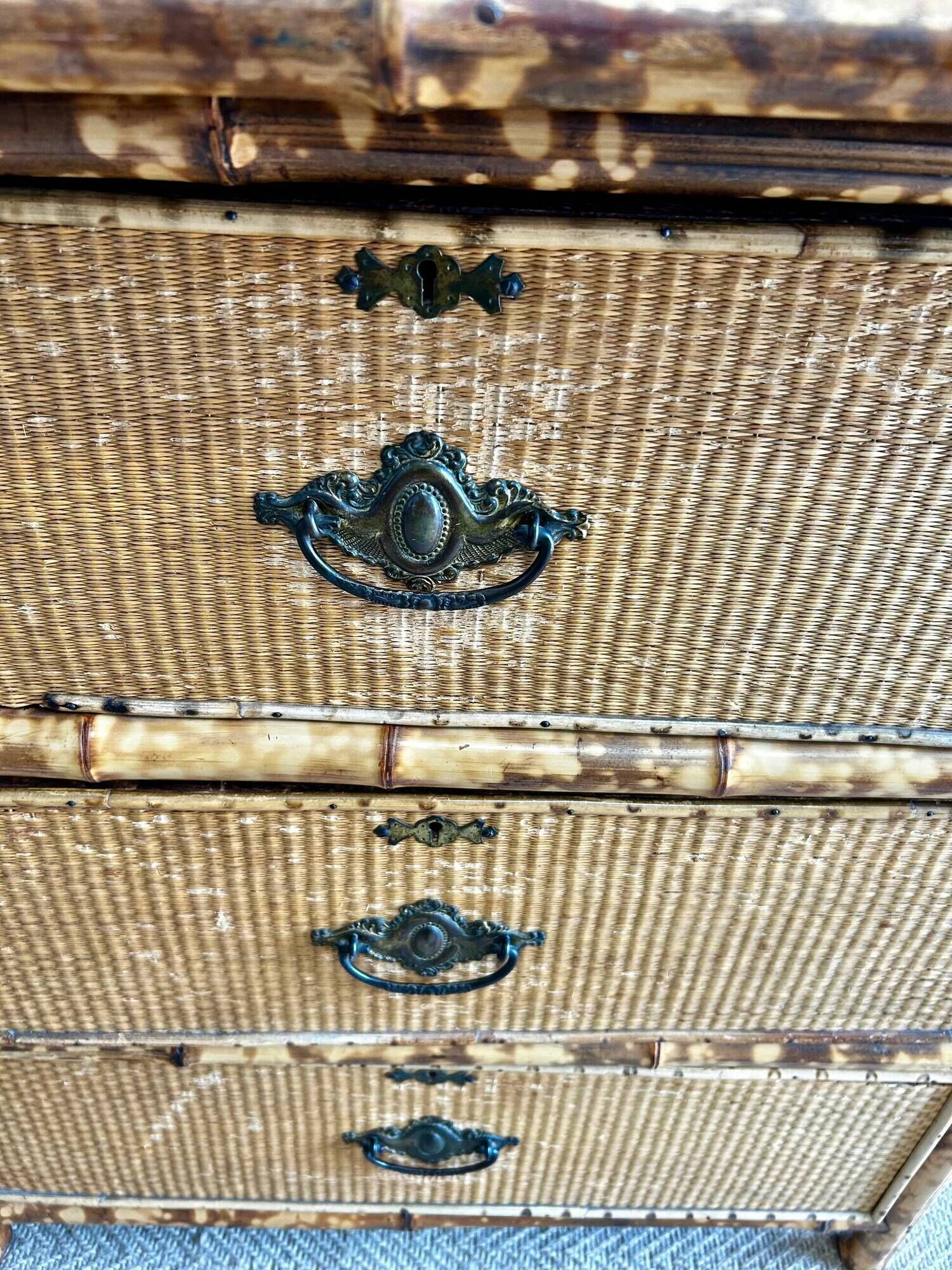 Victorian tiger bamboo, cane & chinoiserie dressing table with drawers, England 1880s, aesthetic movement