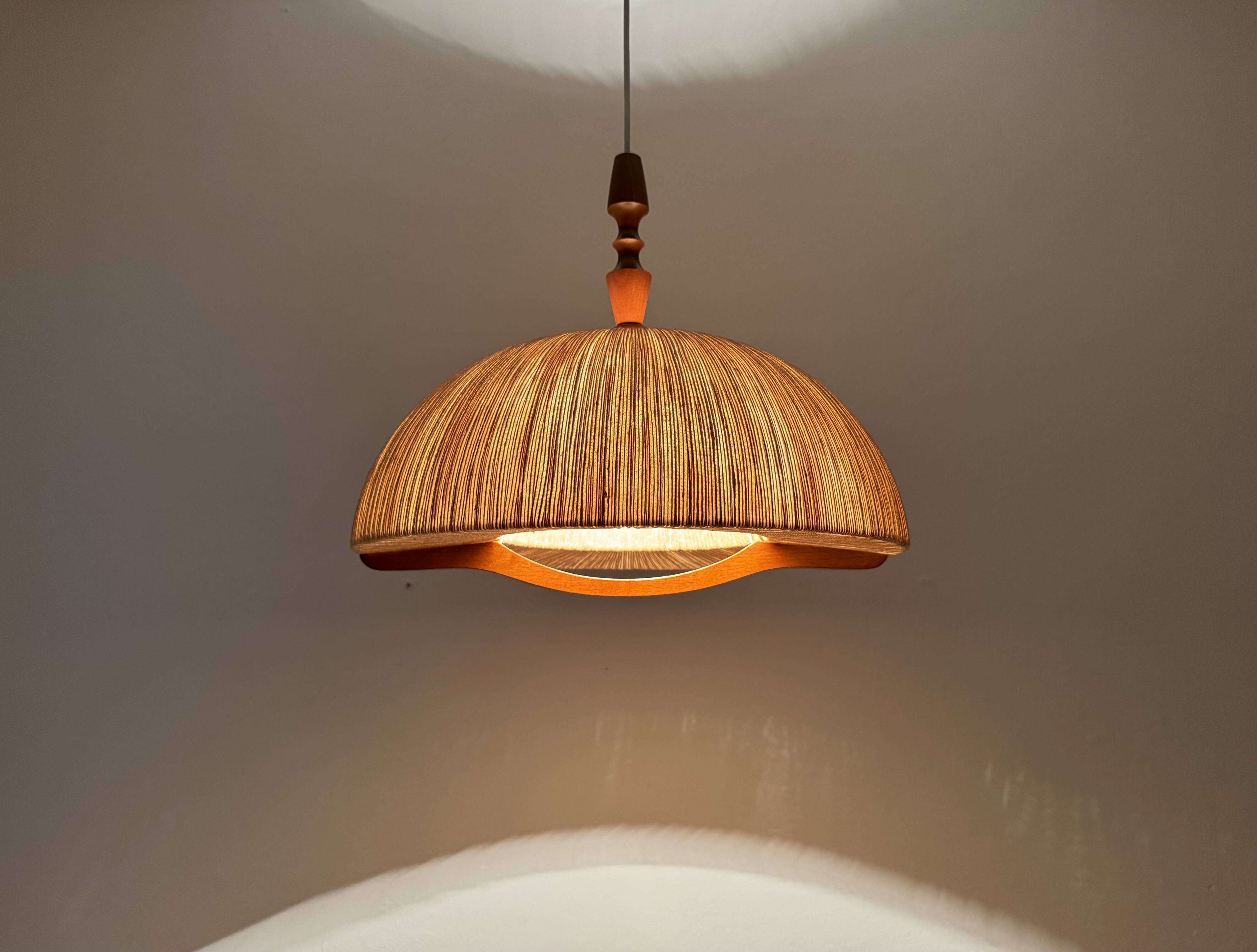 Teakwood and Raffia Bast Pendant Lamp by Temde