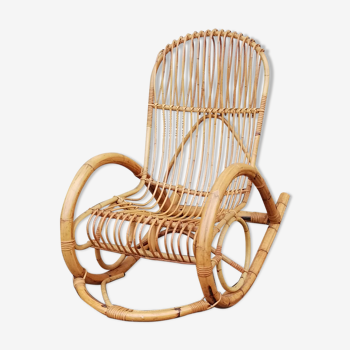 Rocking chair vintage rotin et bambou