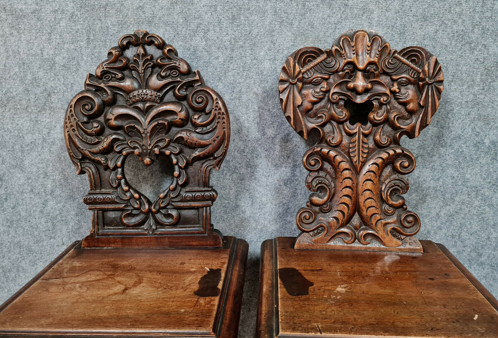 Set of chairs called Sgabello Renaissance style in solid walnut around 1850