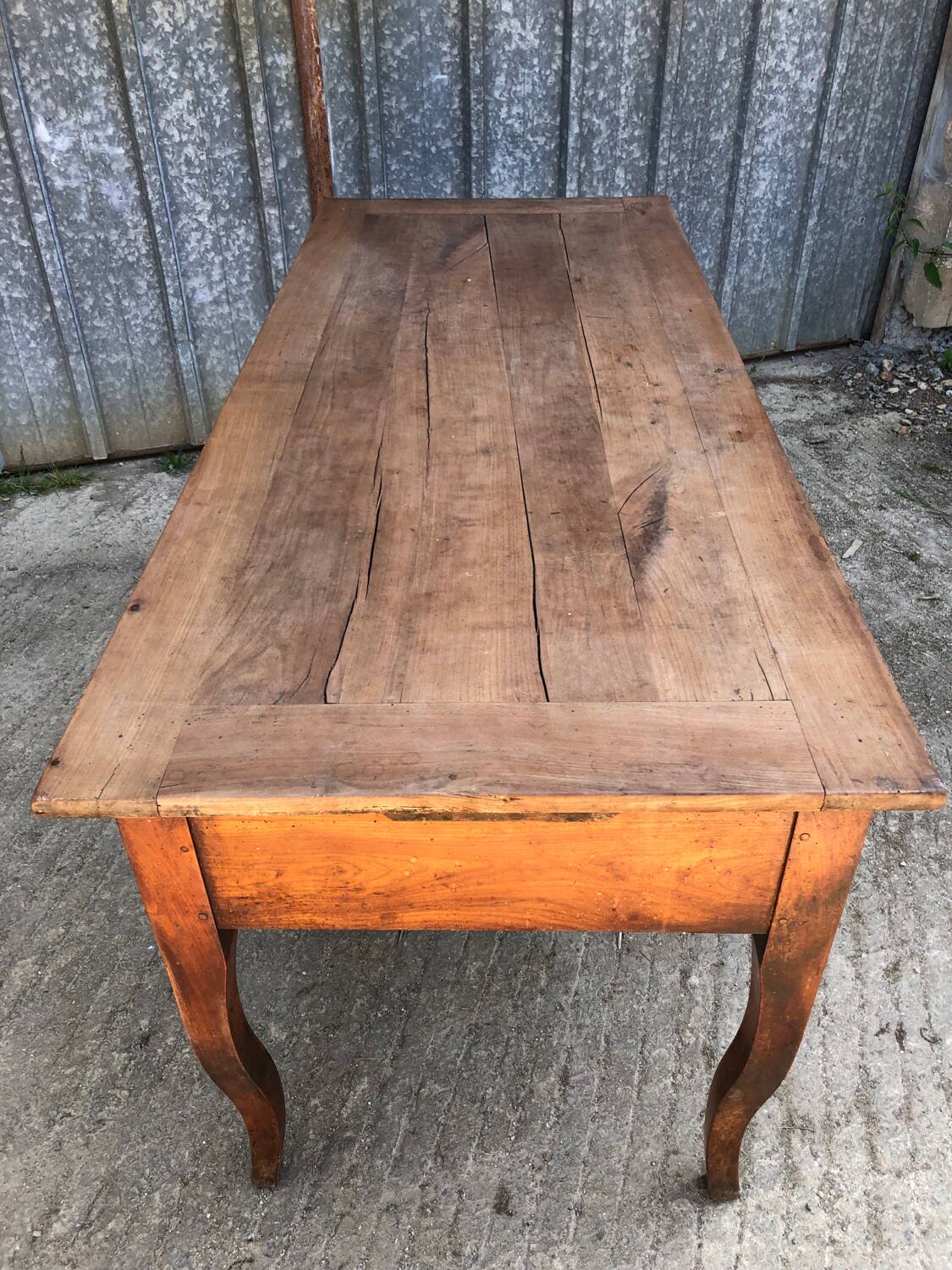 Antique solid cherry farmhouse table with 3 drawers and 2 pulls