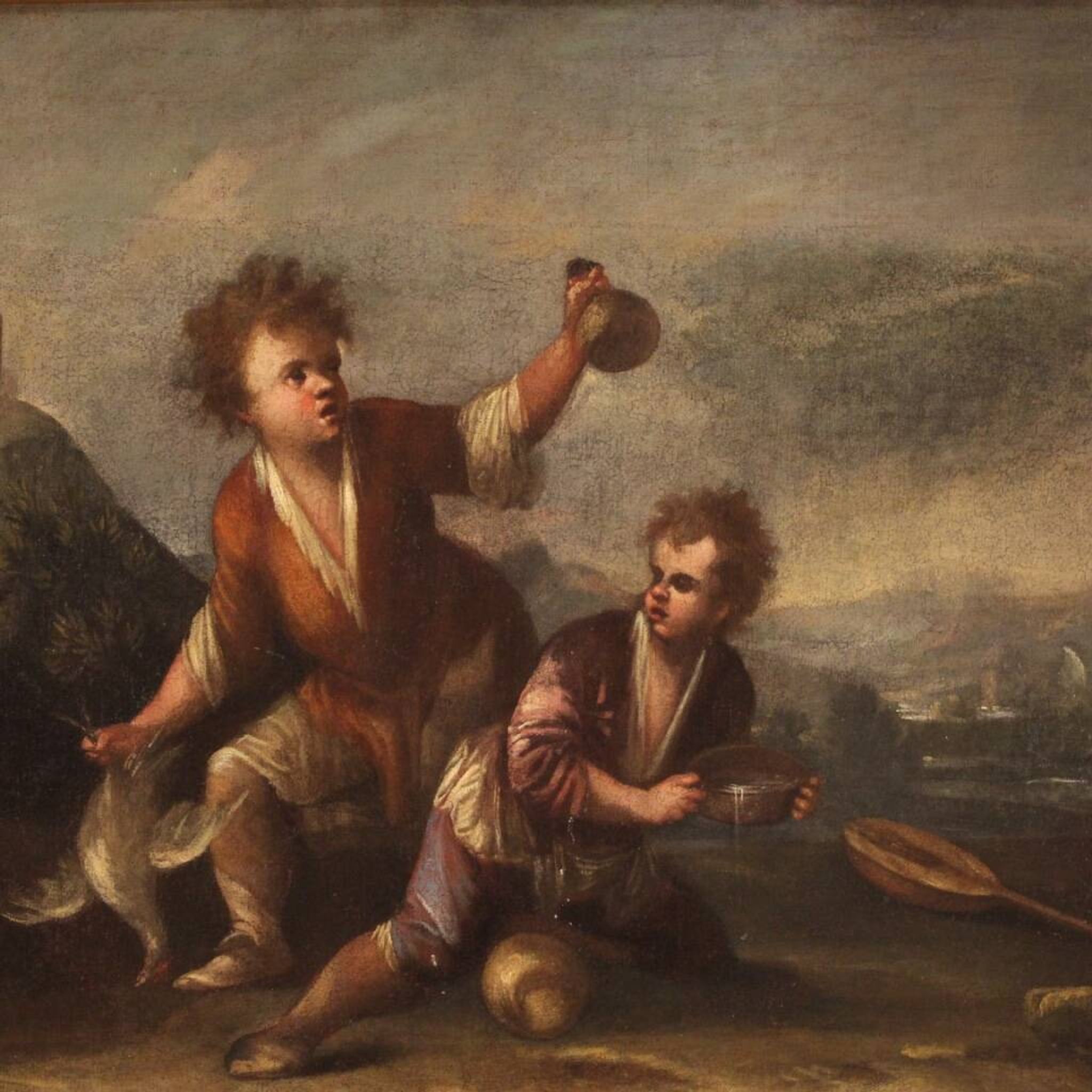 Painting oil on canvas landscape with children from the 18th century