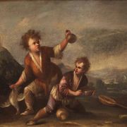 Painting oil on canvas landscape with children from the 18th century