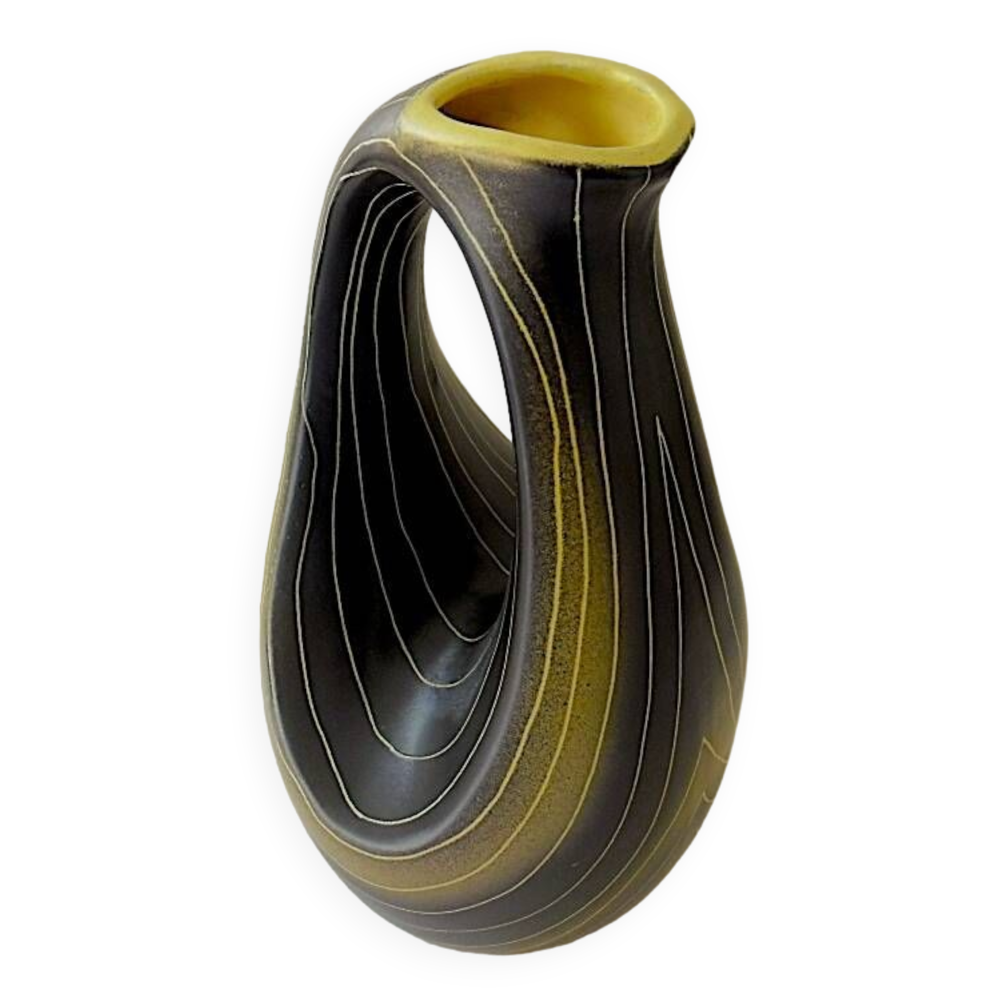 Earthenware vase decorated with yellow lines on a black and yellow background
