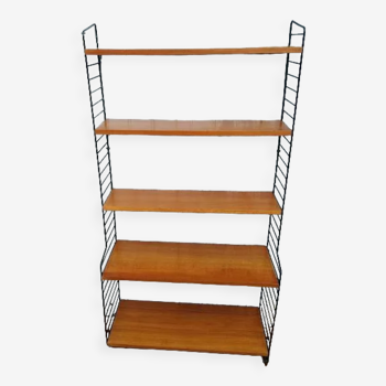 Vintage modular bookcase shelf in teak veneer and black metal, Nils Strinning, 60s