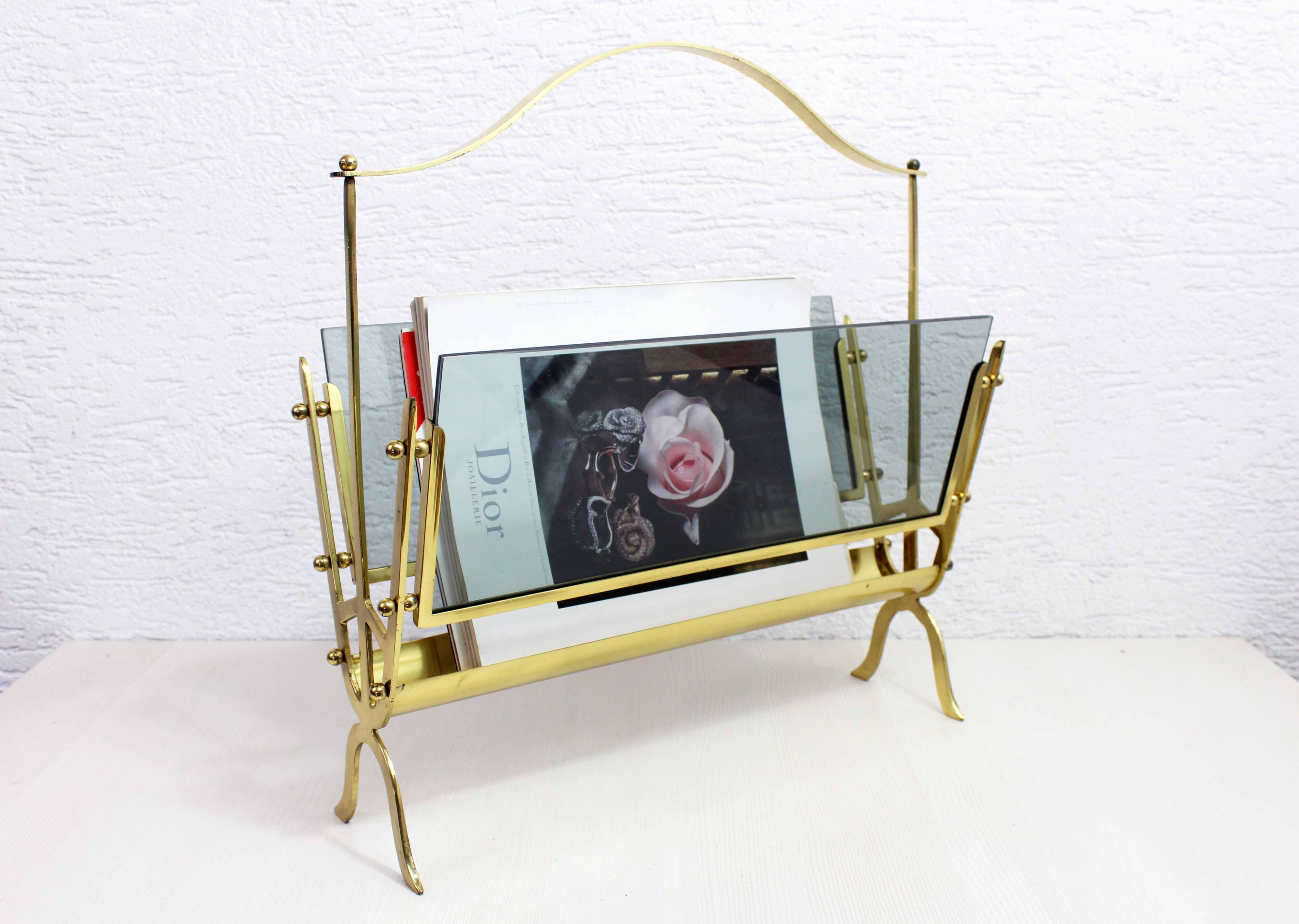 Glass and brass magazine rack, 1970