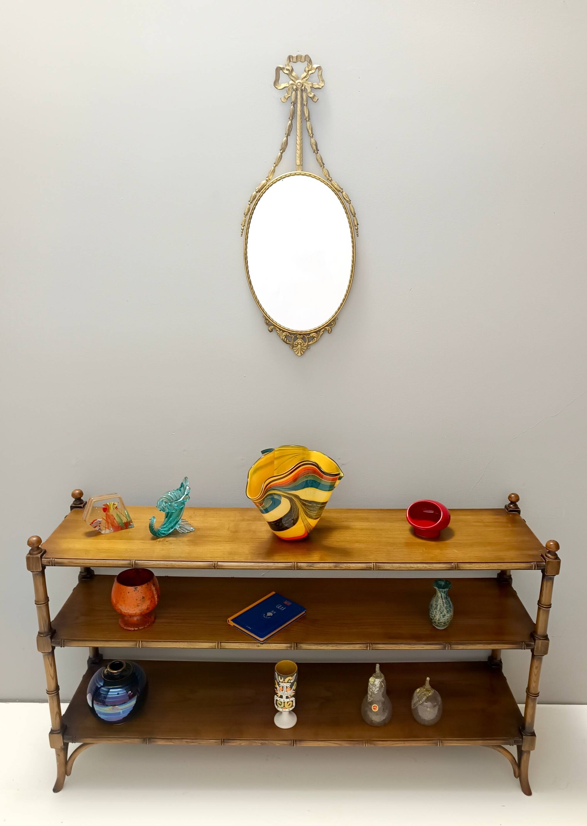 Oval wall mirror with Brass Frame and Ribbon, Italy