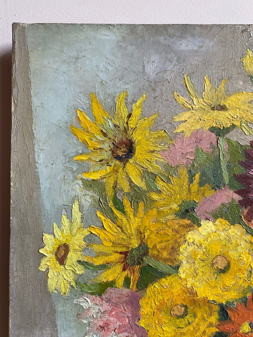 Antique painting, still life with blue vase and flowers, mid-20th century