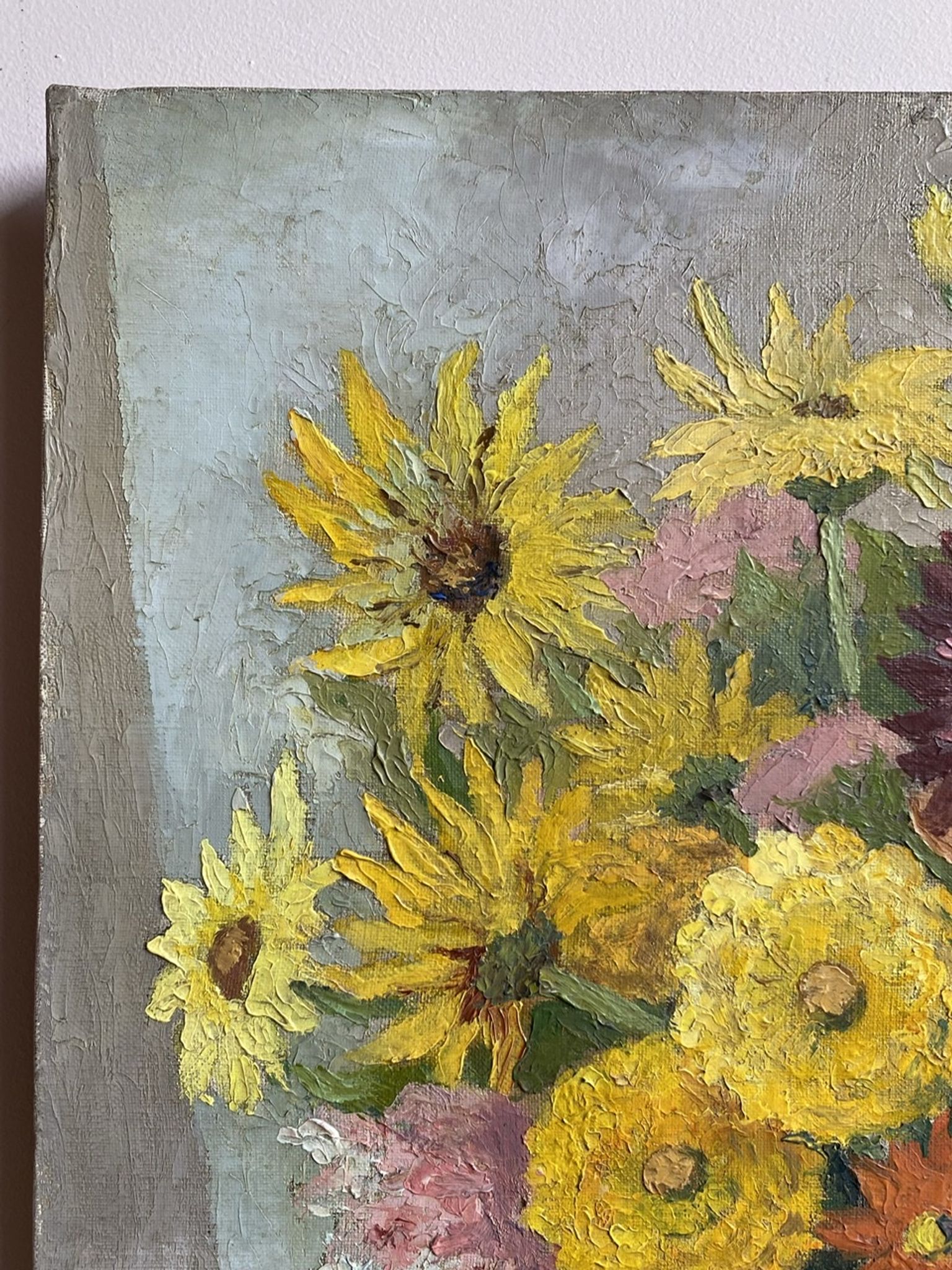 Antique painting, still life with blue vase and flowers, mid-20th century