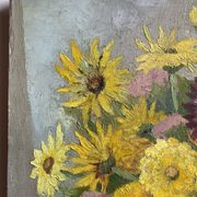 Antique painting, still life with blue vase and flowers, mid-20th century