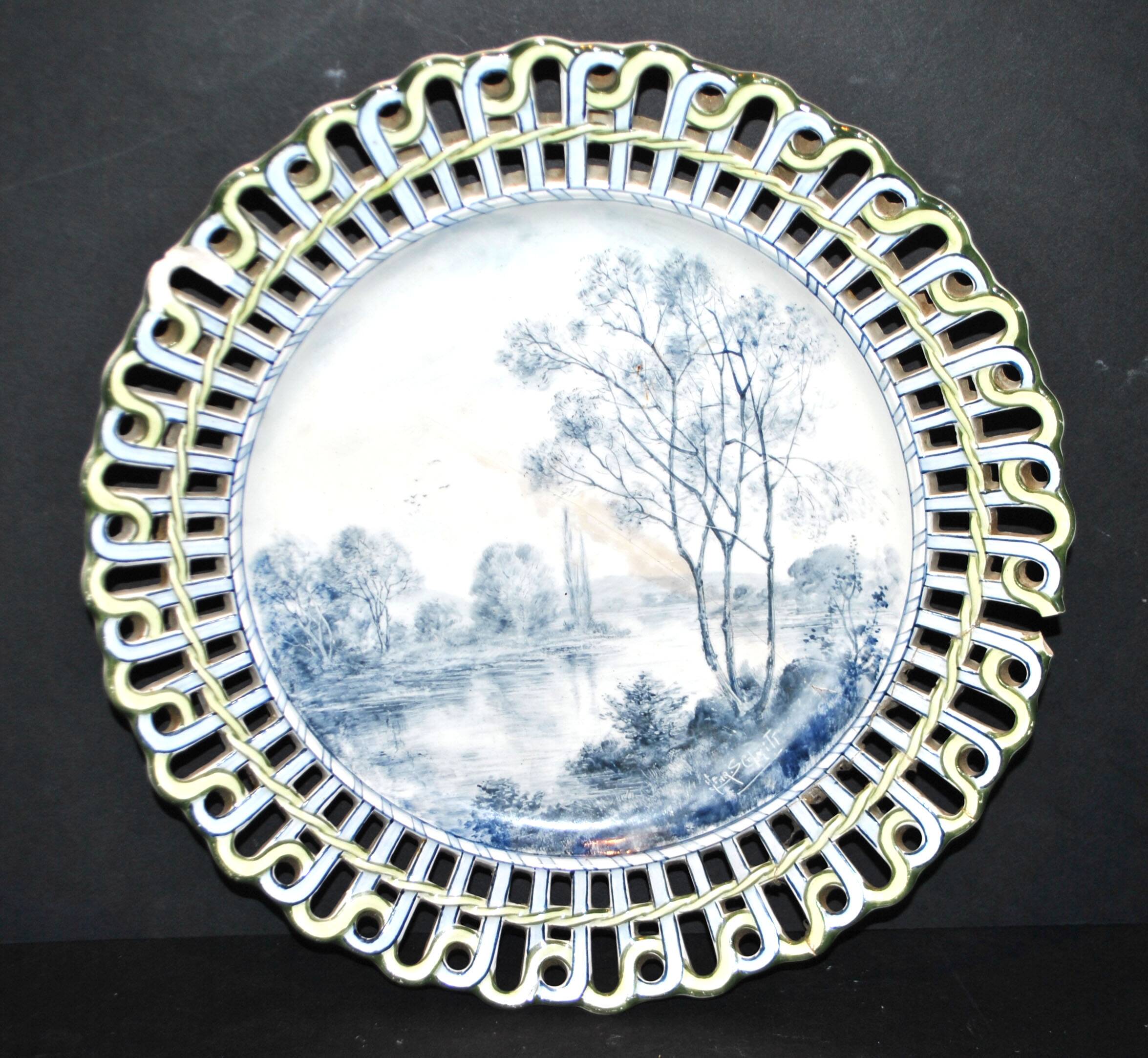 Painted collector's plate with openwork edge epinal by henri schmitt 1900