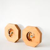 Pair of globe wall lights in opaline with a pine base, 1980.