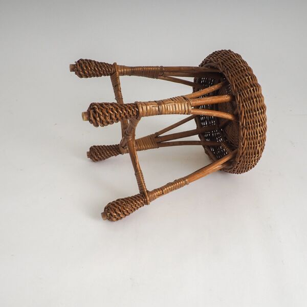 Tabouret vintage en rotin et osier – support de plante