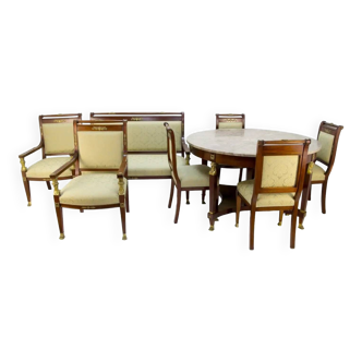 French Empire Style Walnut, Bronze, and Marble Table and Chairs Living Room Set