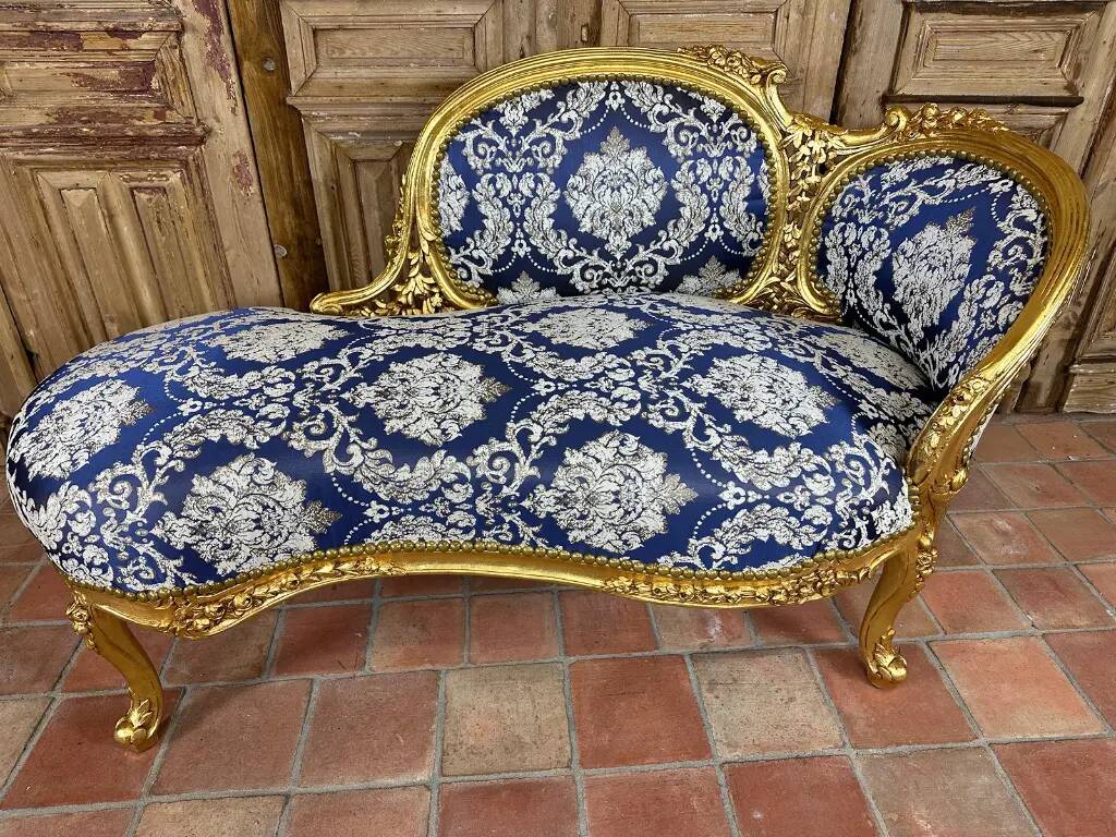 Méridienne/Chaise longue Louis XV dorée - Style Napoléon III