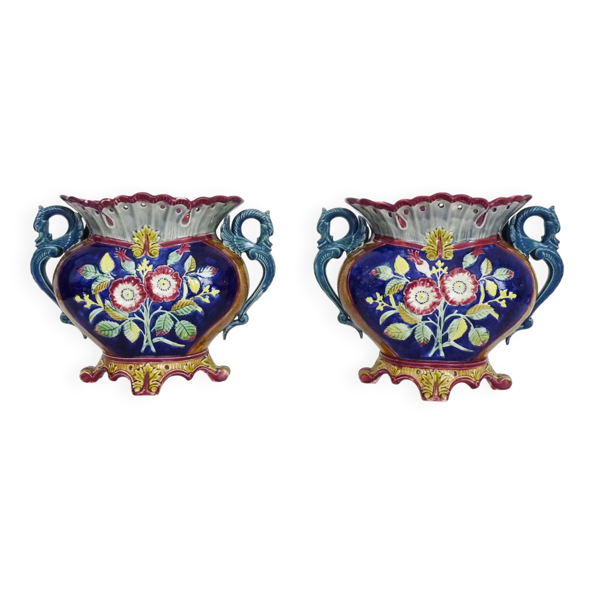 Pair of antique Art Nouveau dragon slip planters