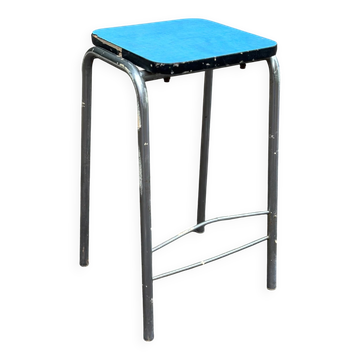 Tabouret vintage Formica bleu & métal chromé 1970