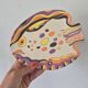 Hand-painted artisan fish plate, signed – Coloured terracotta with naive decoration