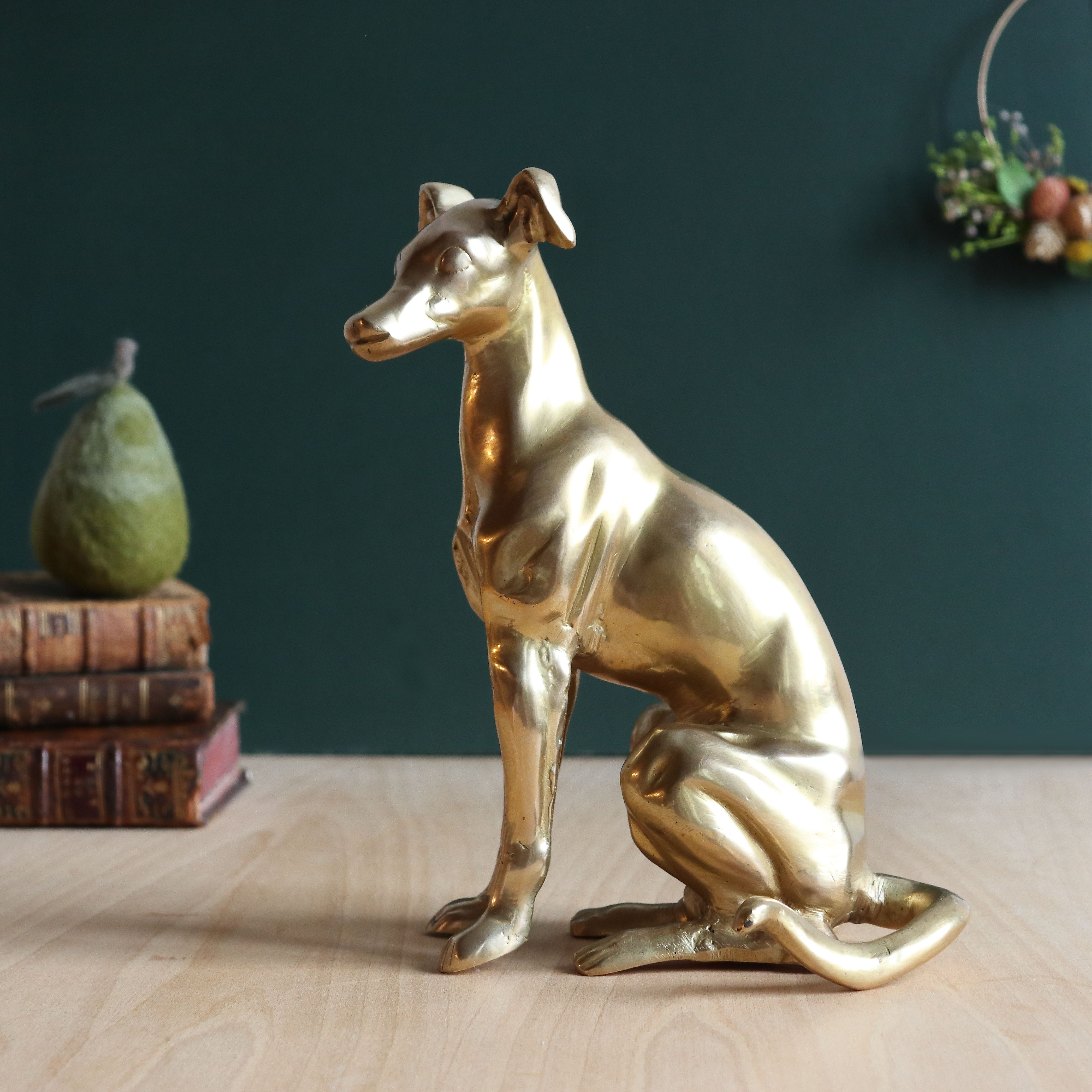 Vintage brass greyhound sitting dog from the 70s, height 25 cm
