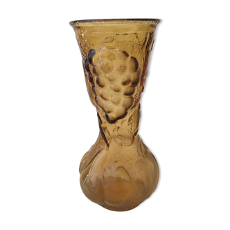 Italian amber glass vase with fruit decorations in relief