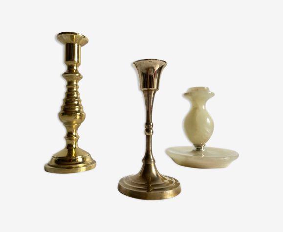 Trio de bougeoirs laiton et onyx vintage