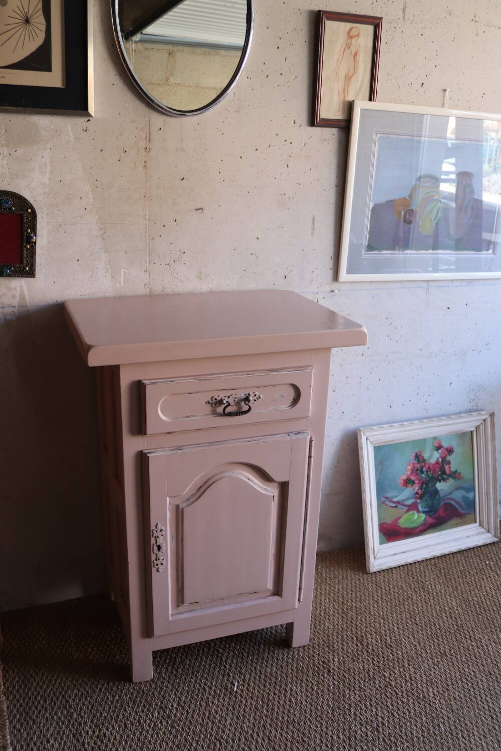 Old high jam bowl in pink painted solid wood