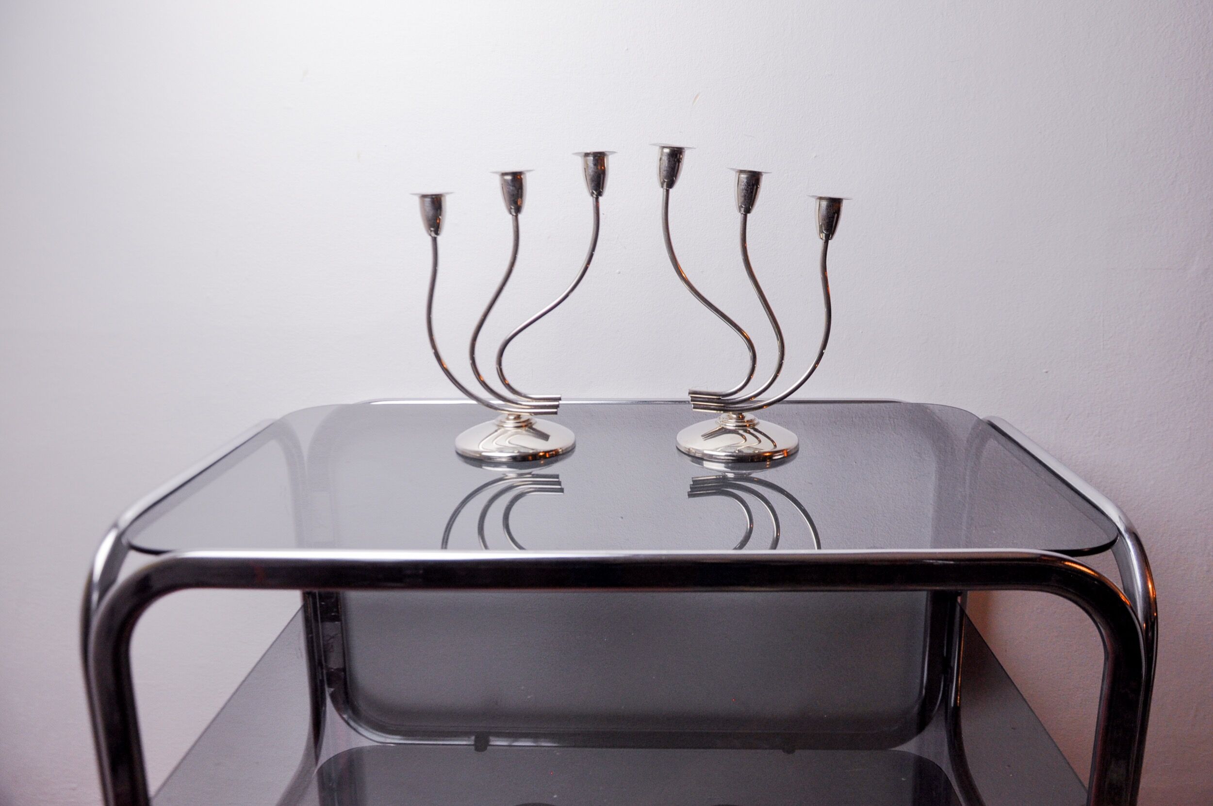 Pair of art deco candlesticks in stainless steel 3 flames, Spain, 1970