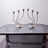 Pair of art deco candlesticks in stainless steel 3 flames, Spain, 1970