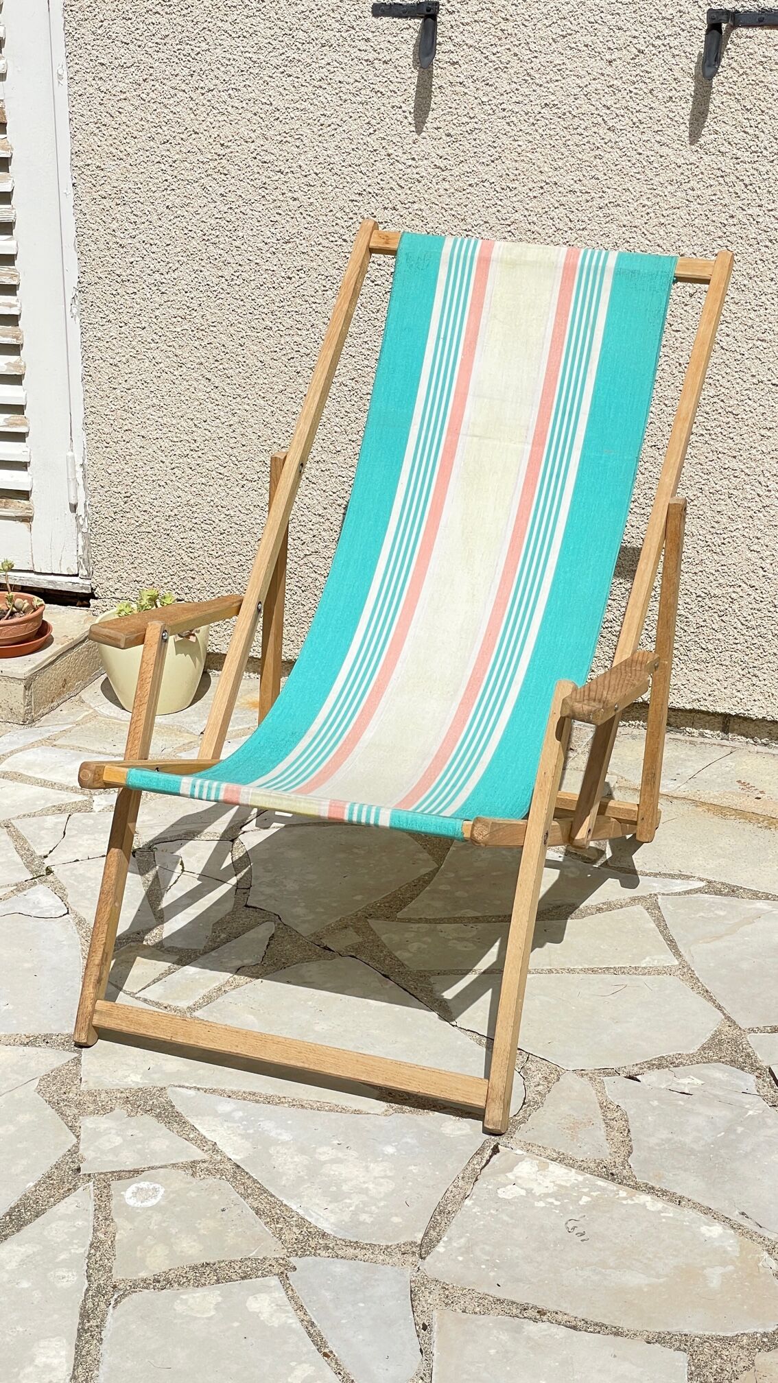 Transat pliant en bois et toile vintage