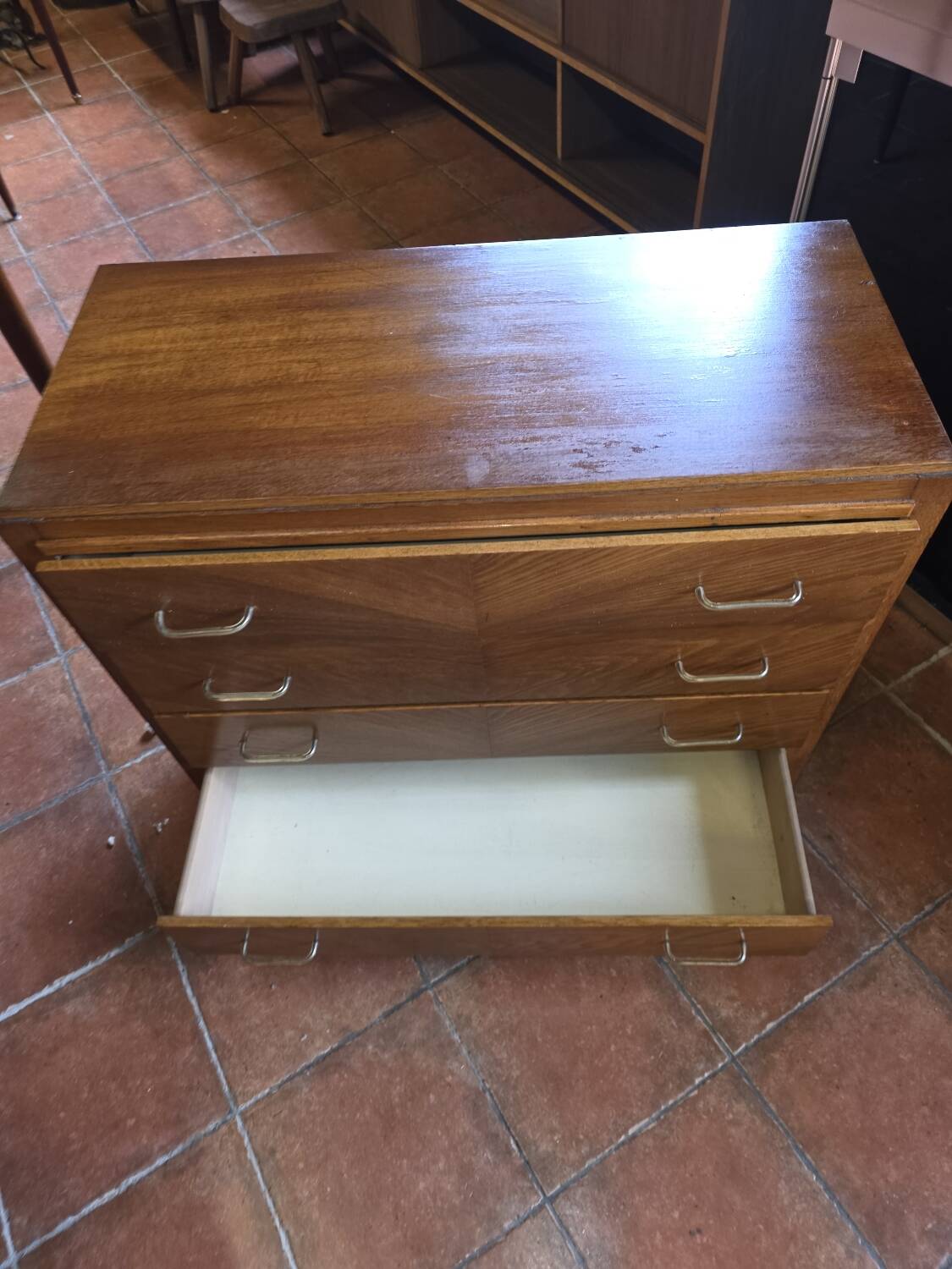 Vintage oak chest of drawers with herringbone patterns from the 1960s.