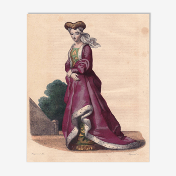 Gravure XIXe 1839 Portrait Anne de Beaujeu Mode Fashion Fille de Louis XI et de Charlotte de Savoie