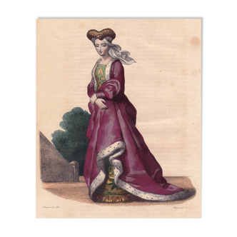 Gravure XIXe 1839 Portrait Anne de Beaujeu Mode Fashion Fille de Louis XI et de Charlotte de Savoie