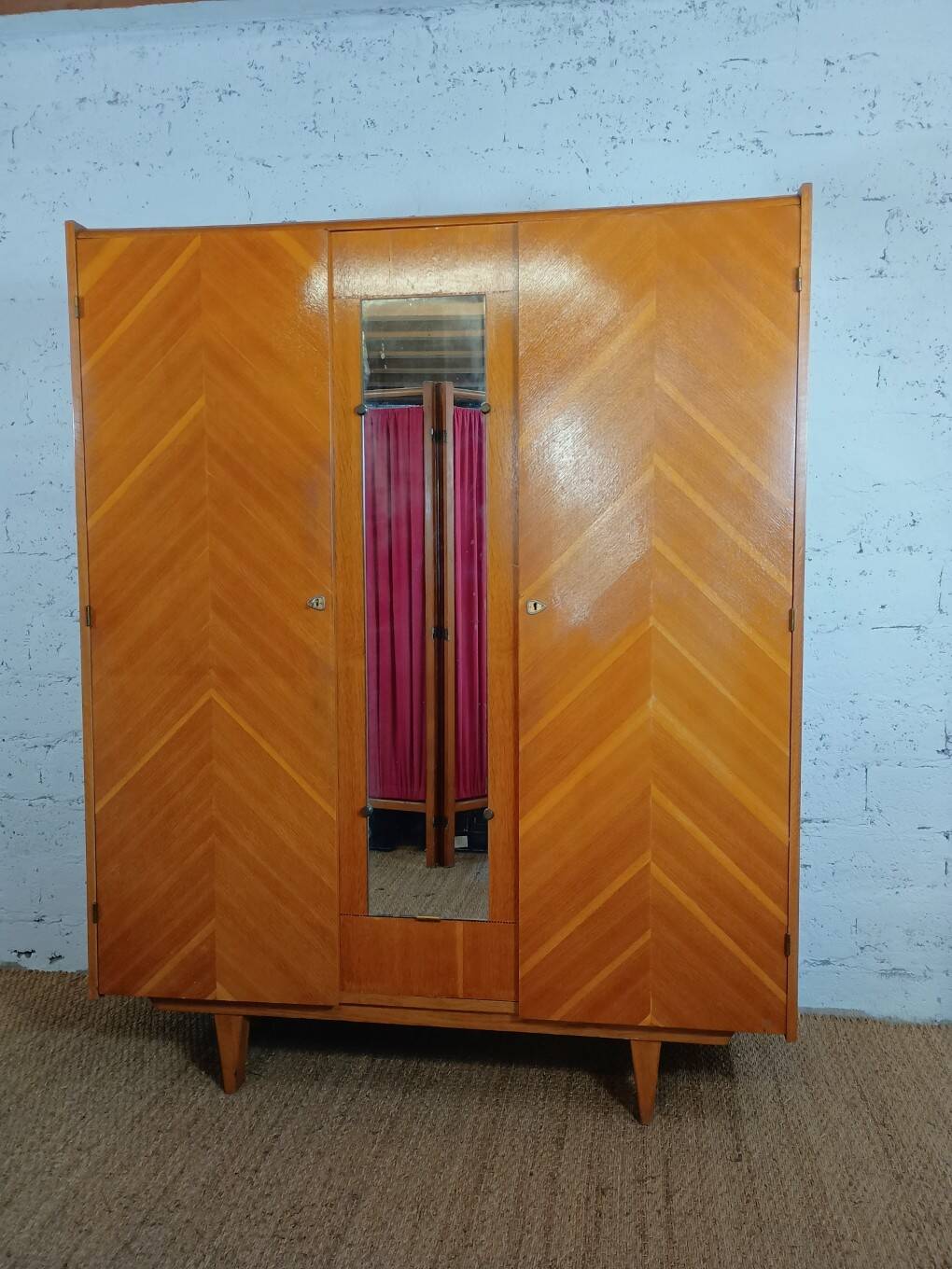 1960s Scandinavian wardrobe with two doors and mirror, easy assembly.