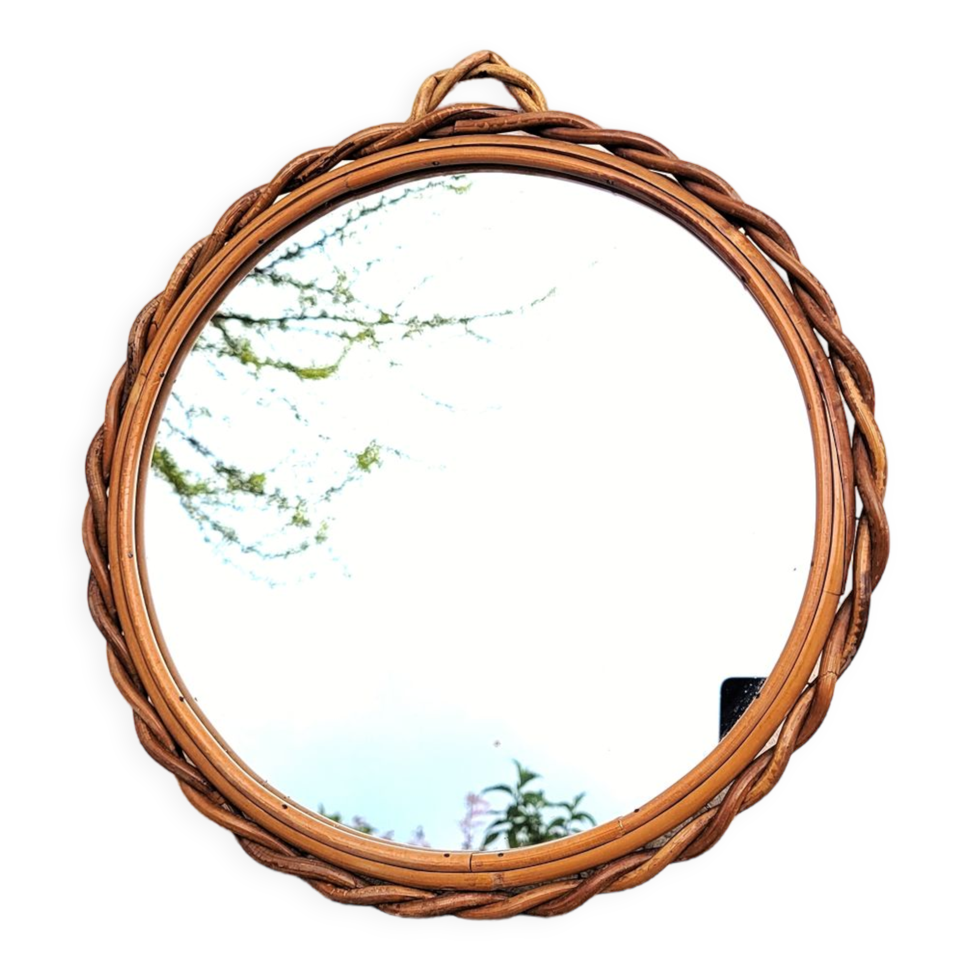 Round vintage rattan mirror 1970