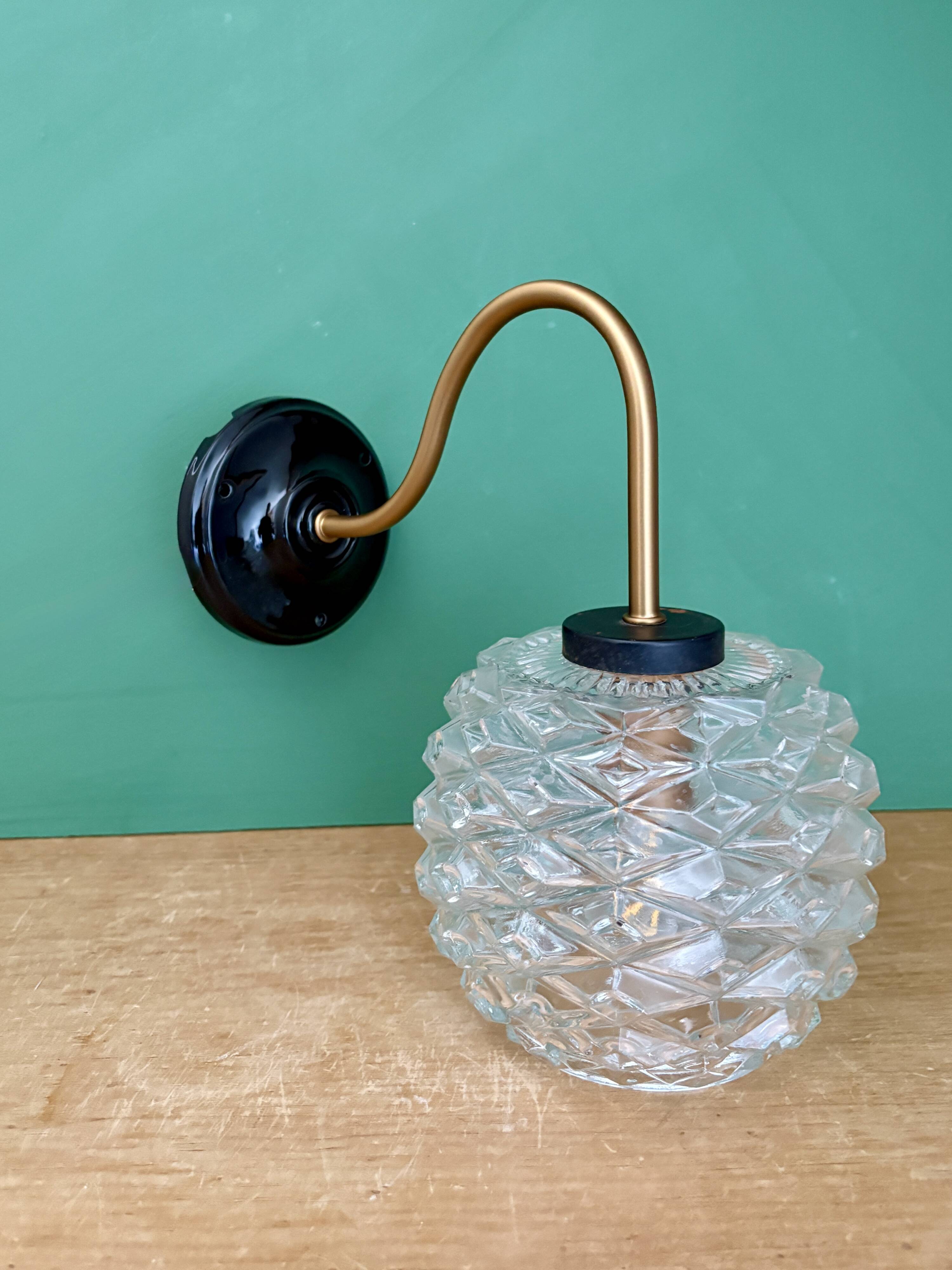 Swan neck vintage globe wall light in moulded glass