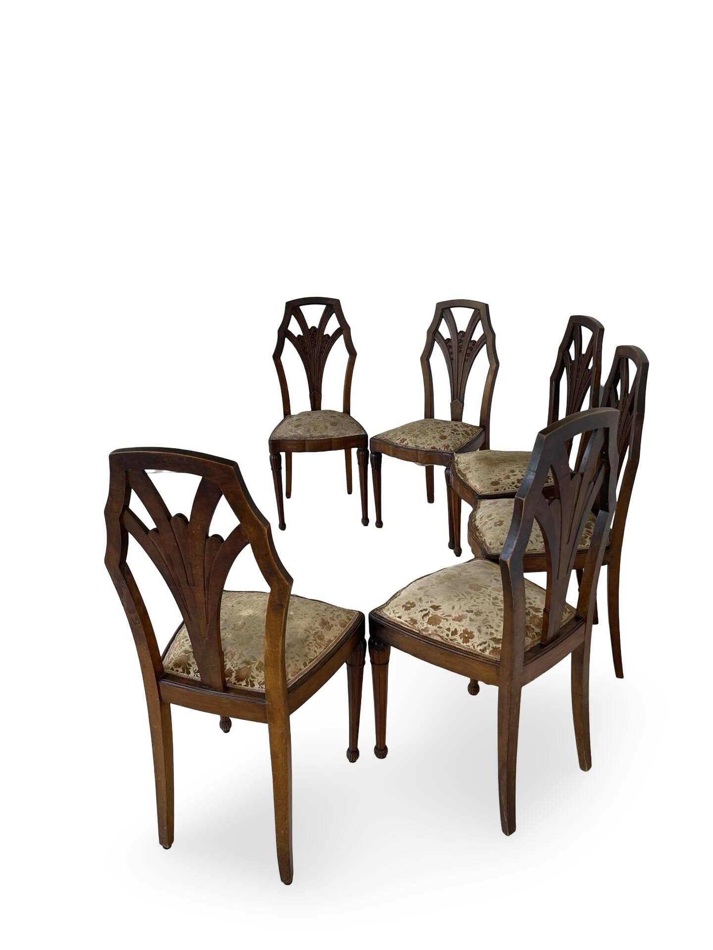 Ensemble de 6 chaises de salle à manger en noyer sculpté Art Déco, années 1920/1930
