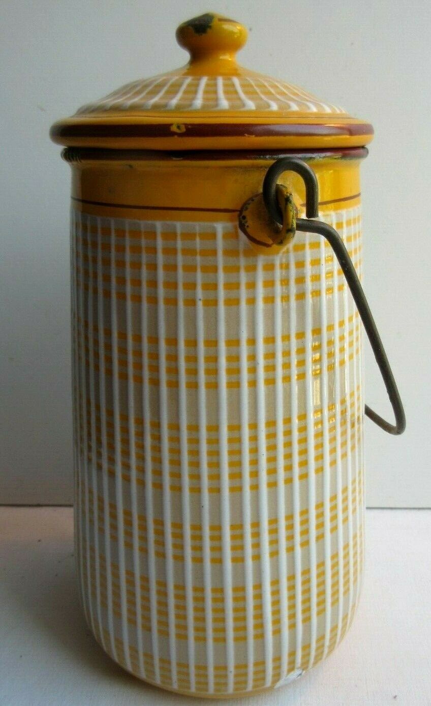 Art Deco milk pot, enamelled sheet as coffee maker, yellow and white signed BB