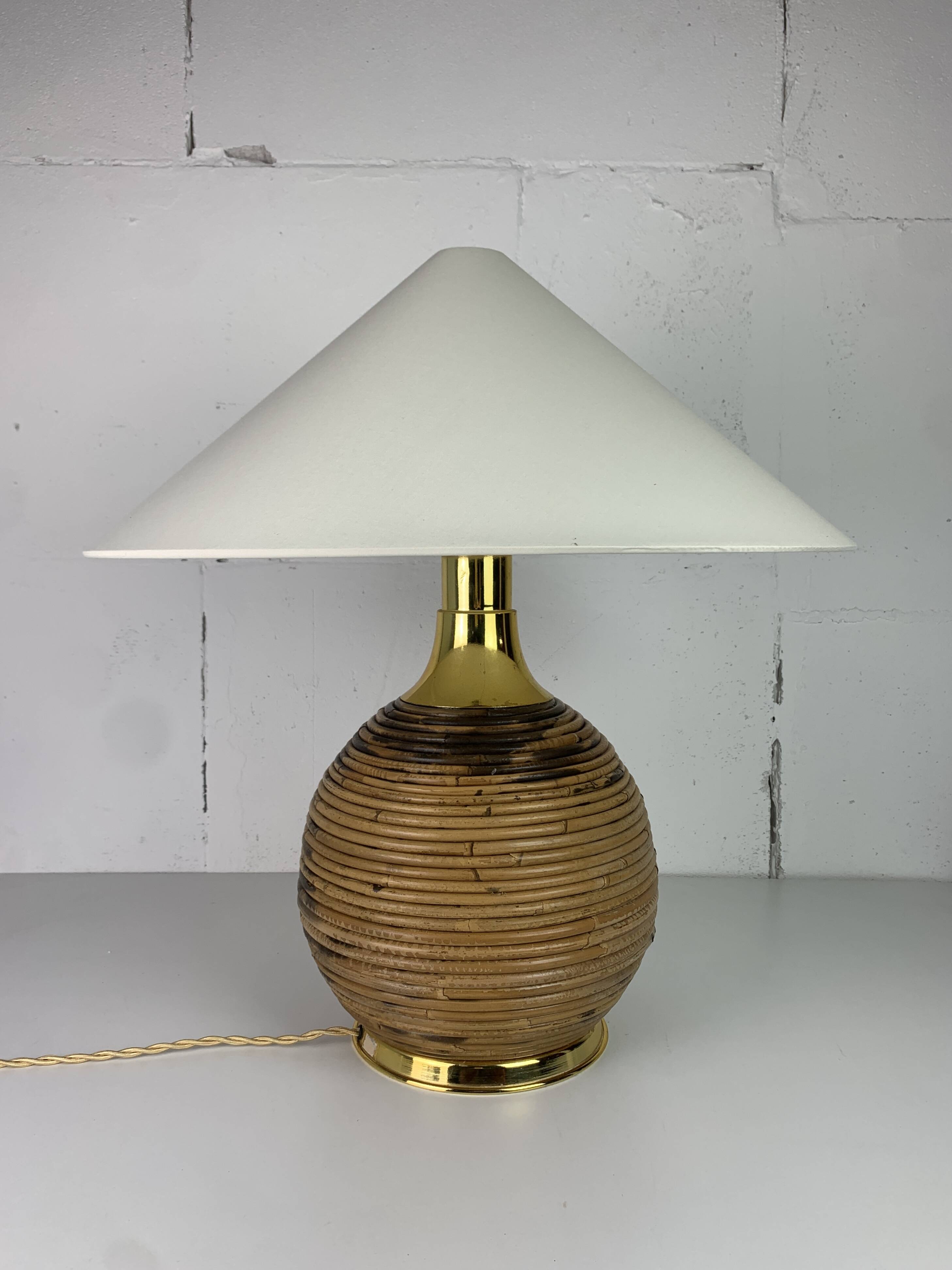 Large midcentury pencil reed rattan bamboo and brass table lamp Italy 1970s