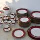 Elegant mid-century Japanese bone china service for 12 in white and noble red