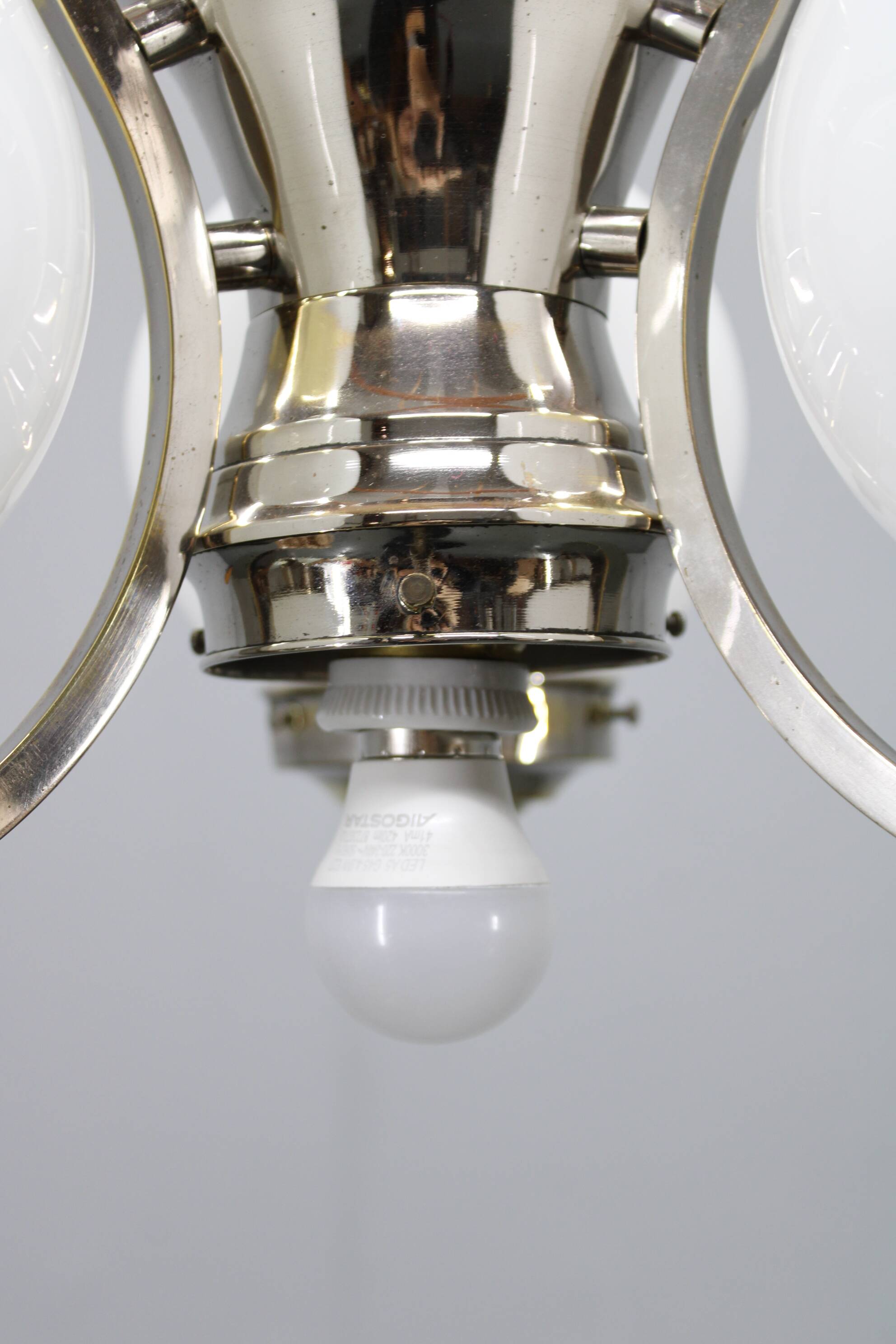 Art Deco chrome chandelier with white globe shades, 1930s