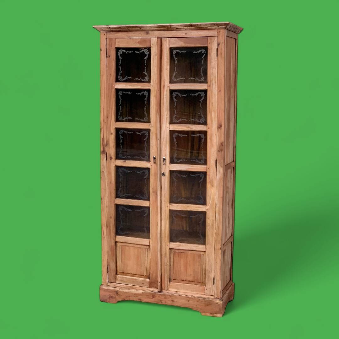 Parisian wardrobe in raw wood with engraved glass from 1920.