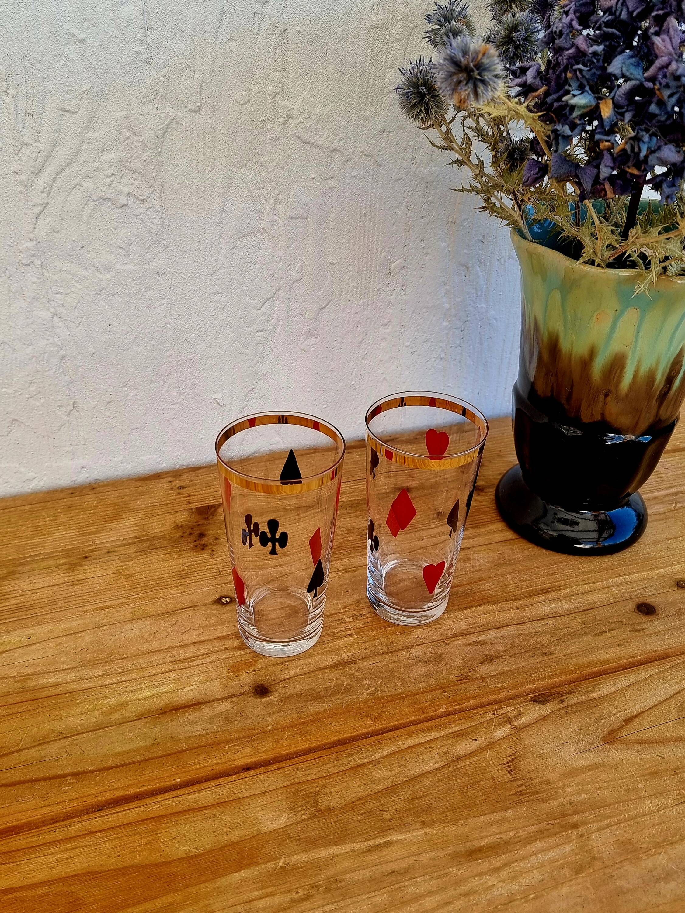 2 vintage card game pattern glasses