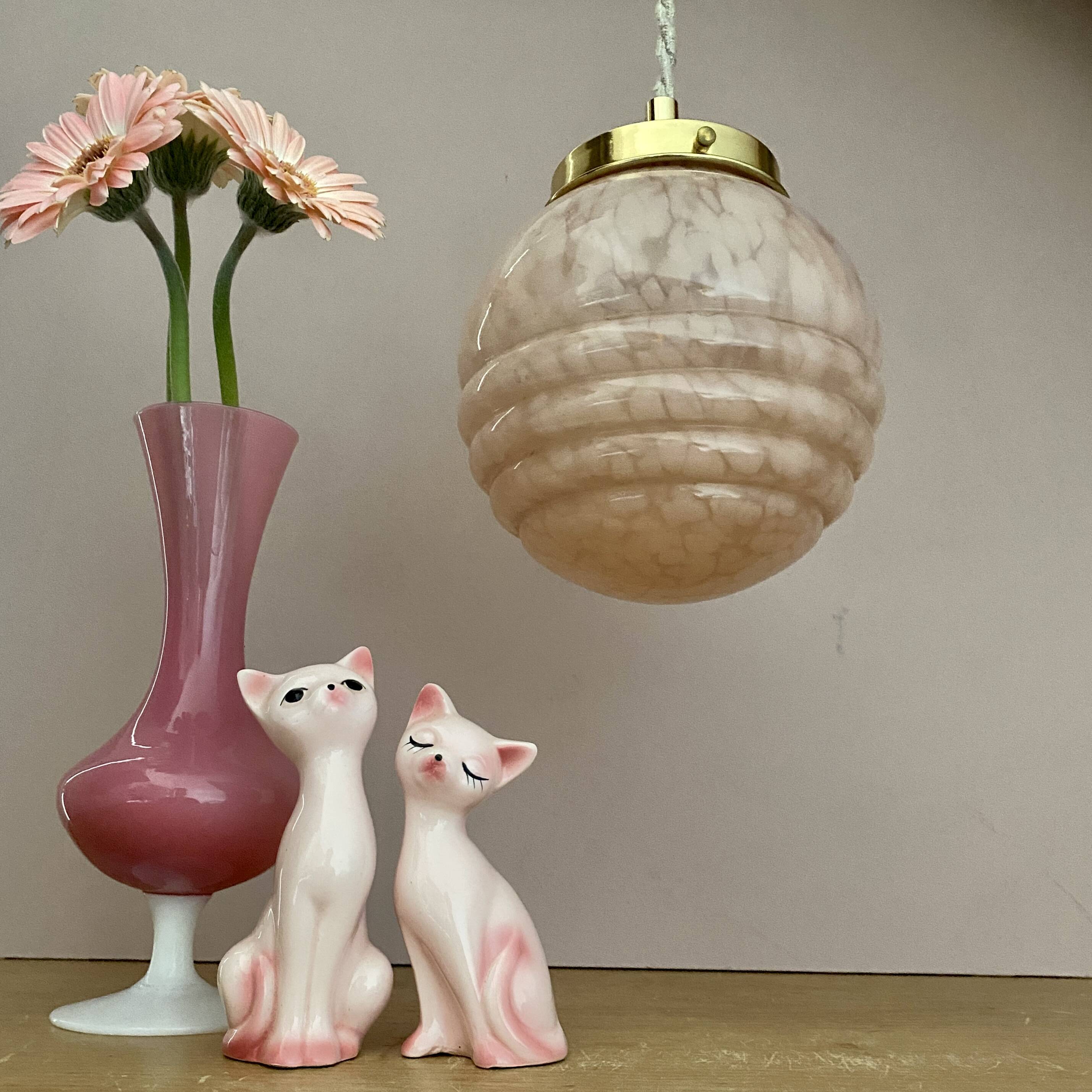 Vintage art deco globe pendant light in pink and gold Clichy glass