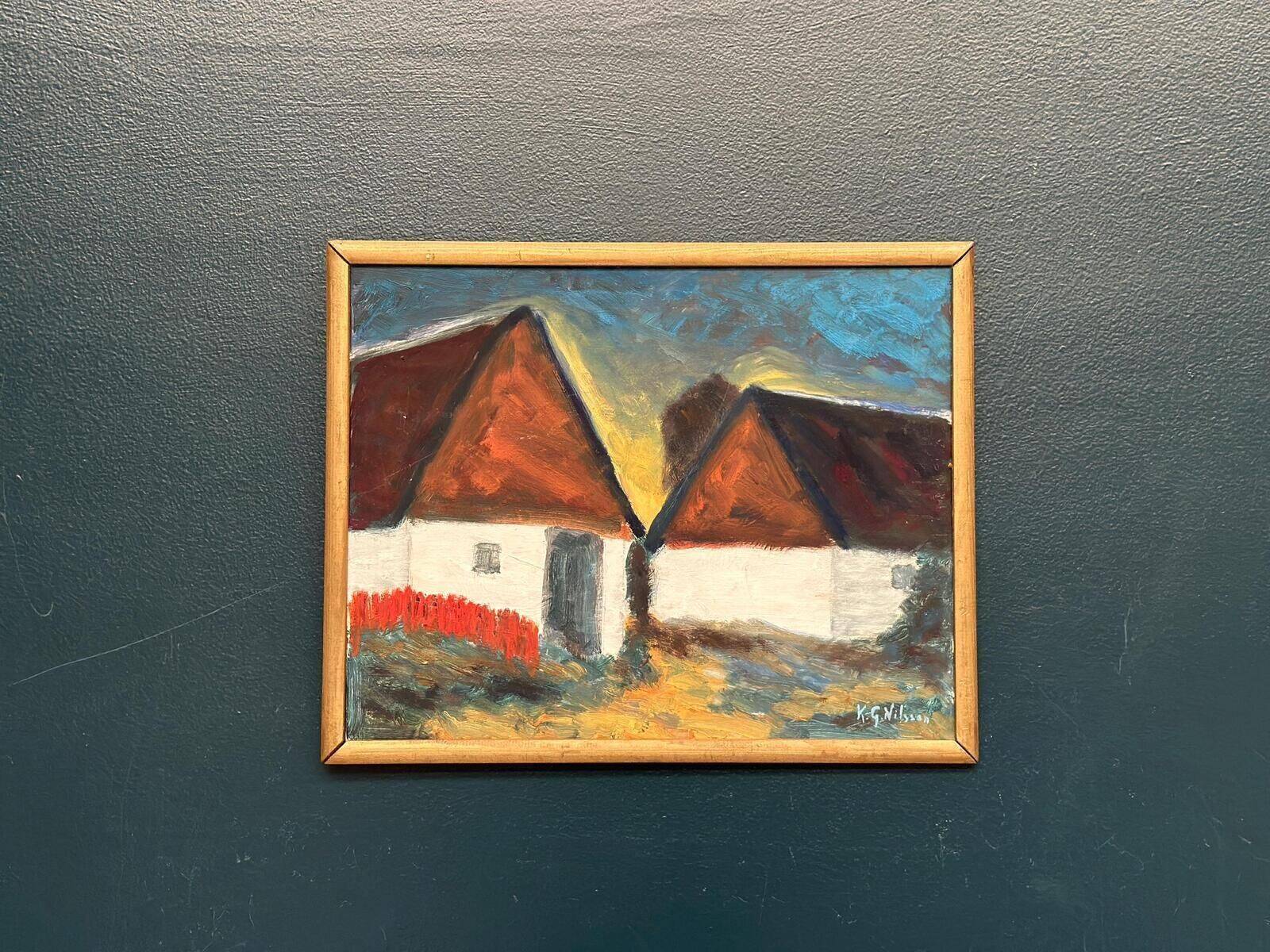 Original Mid Century Swedish Oil On Panel – “Houses” By K. G. Nilsson – Vintage & Framed