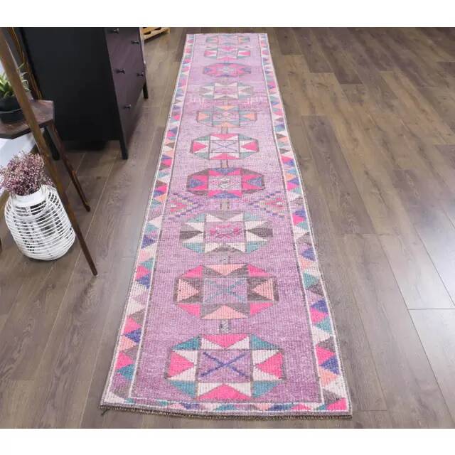 1970s Turkish Handmade Geometric Pink Wool Runner Rug 80x387