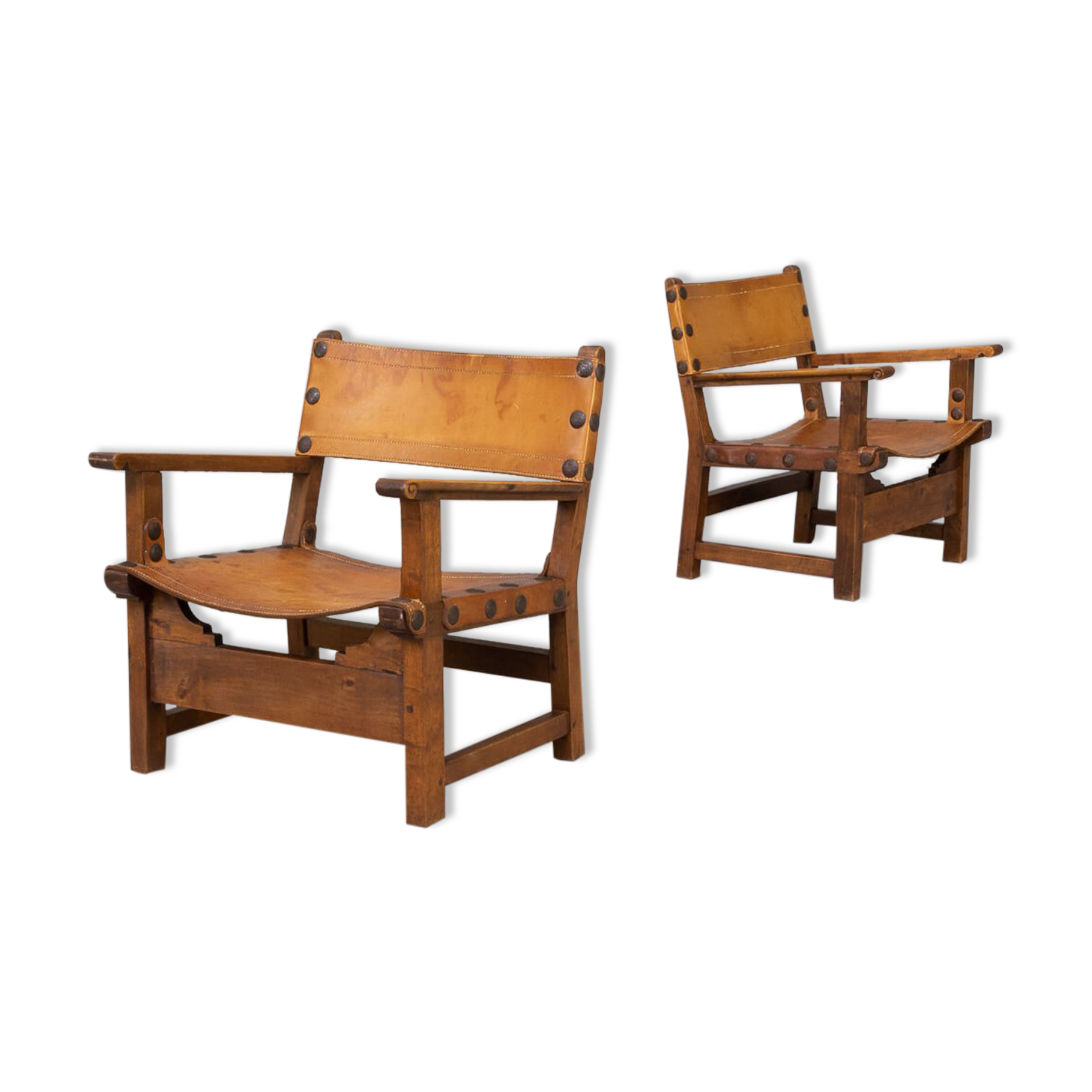 50s oak brutalist spanish chair with saddle leather